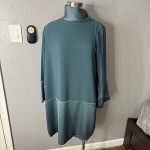 St. John Scarf Neck Long Sleeve Two Tone Crepe Mini Dress, Blue, 10